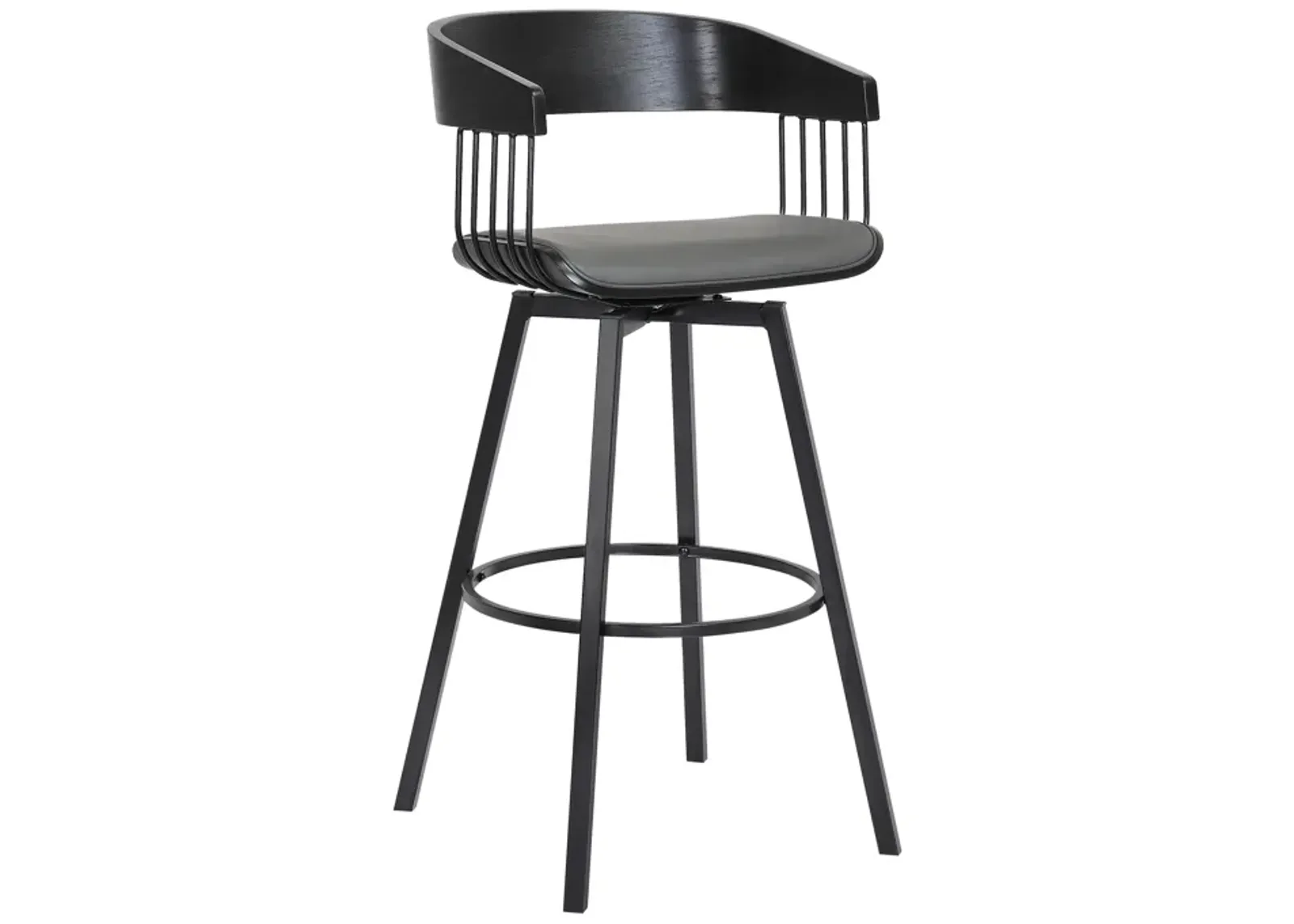 Athena Swivel Black Wood Counter Stool in Grey Faux Leather with Black Metal