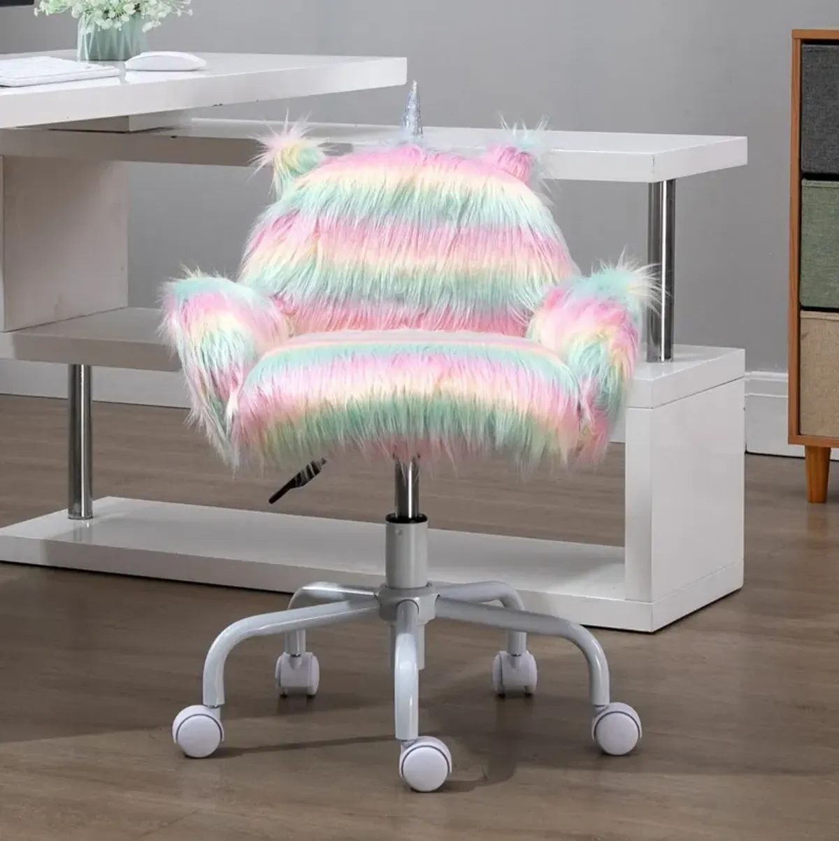 Colorful Kids' Chair: Fluffy Unicorn Vanity Office Chair with Rainbow Swivel