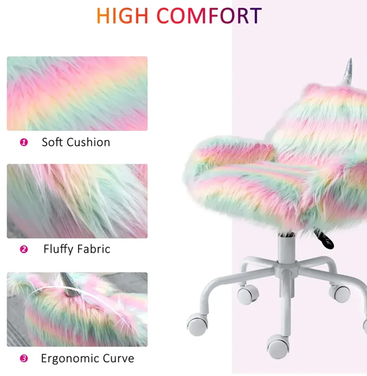 Colorful Kids' Chair: Fluffy Unicorn Vanity Office Chair with Rainbow Swivel