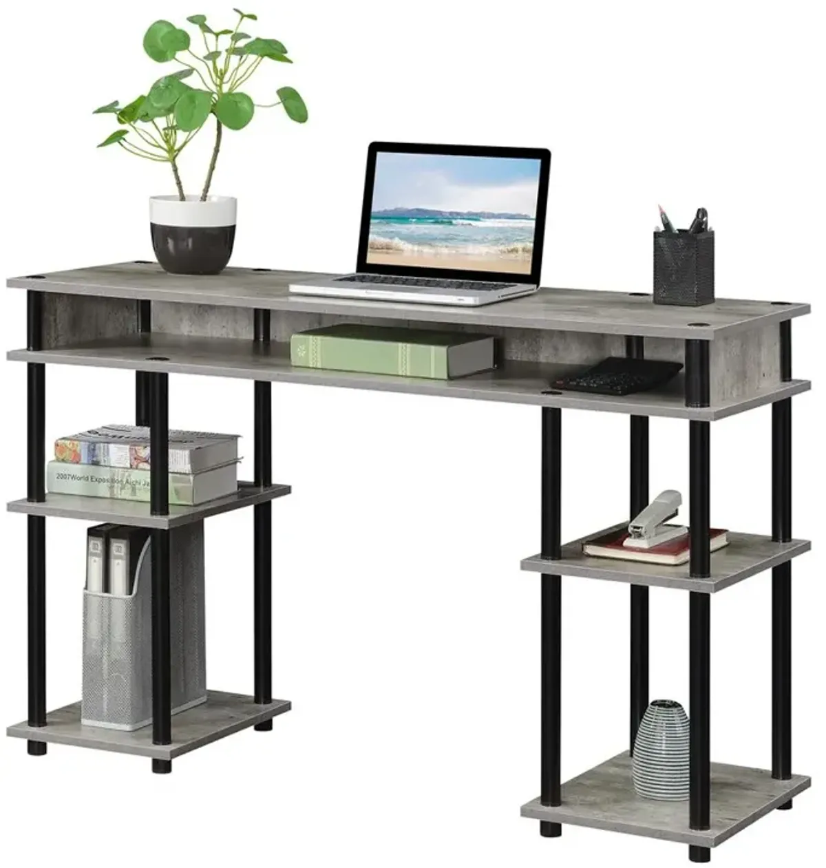 Convenience Concepts Designs2Go No Tools Student Desk with Shelves, Faux Birch/Black