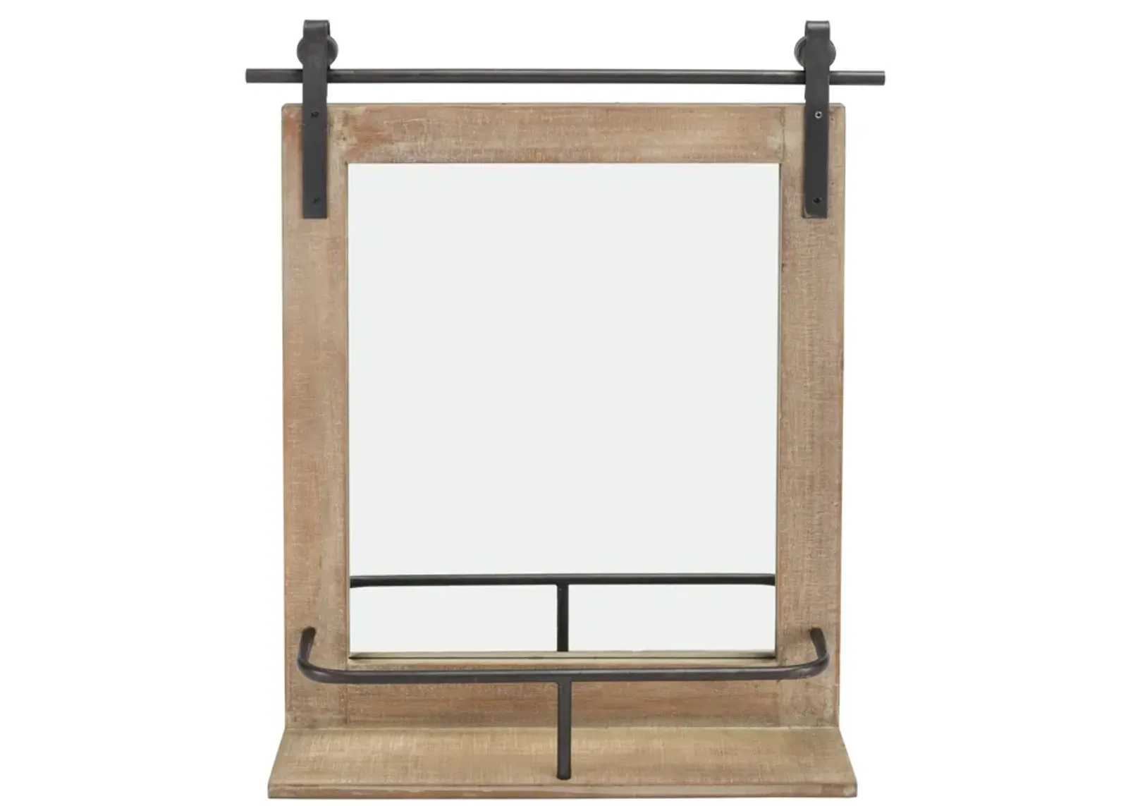 Rustic Industrial Wood-Framed Wall Mount Barn Door Vanity Mirror with Shelf and Iron Hardware