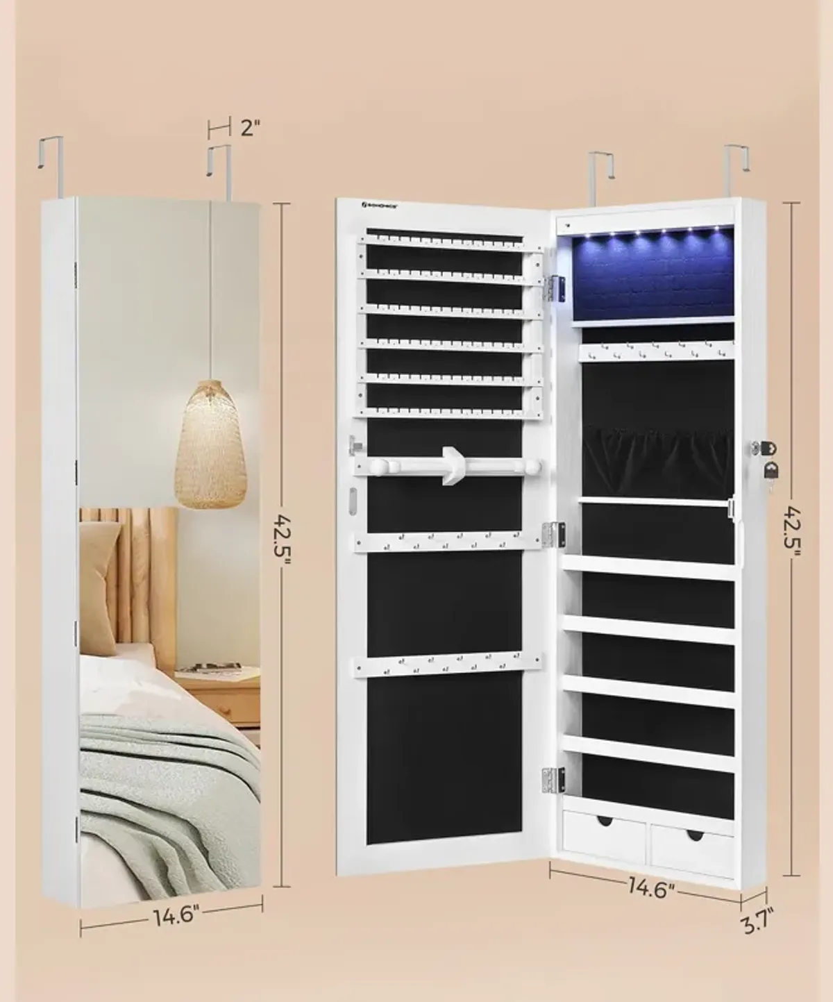 6 LEDs Jewelry Organizer Cabinet Armoire with Full Screen Mirror, Wall Hanging/Door Mounted, Large Capacity