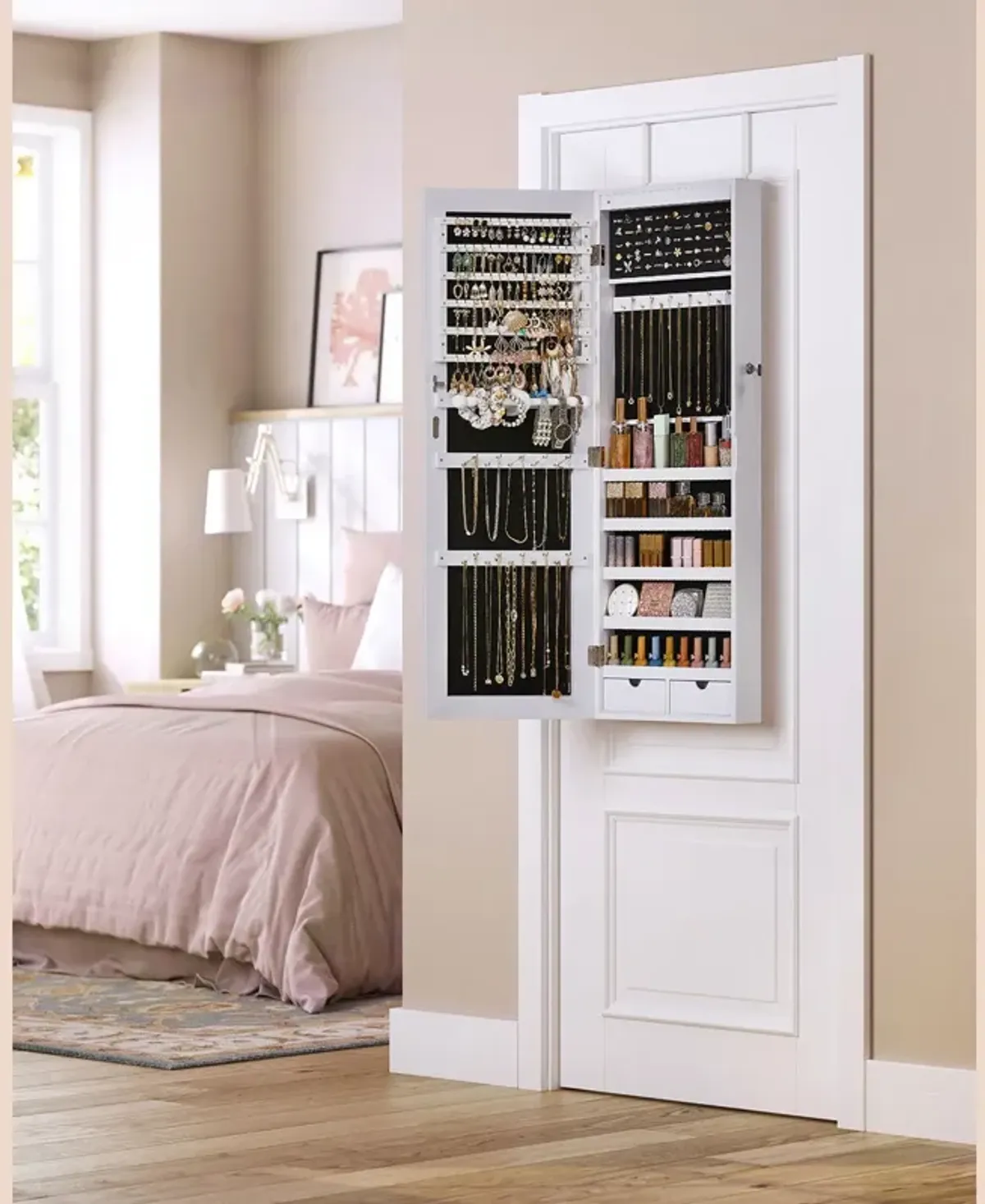 6 LEDs Jewelry Organizer Cabinet Armoire with Full Screen Mirror, Wall Hanging/Door Mounted, Large Capacity