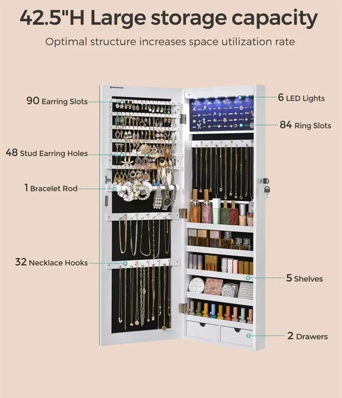 6 LEDs Jewelry Organizer Cabinet Armoire with Full Screen Mirror, Wall Hanging/Door Mounted, Large Capacity