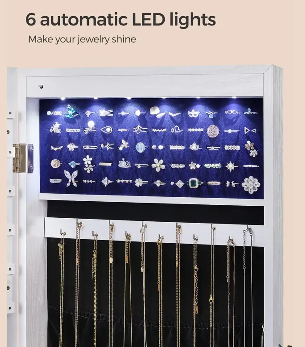 6 LEDs Jewelry Organizer Cabinet Armoire with Full Screen Mirror, Wall Hanging/Door Mounted, Large Capacity