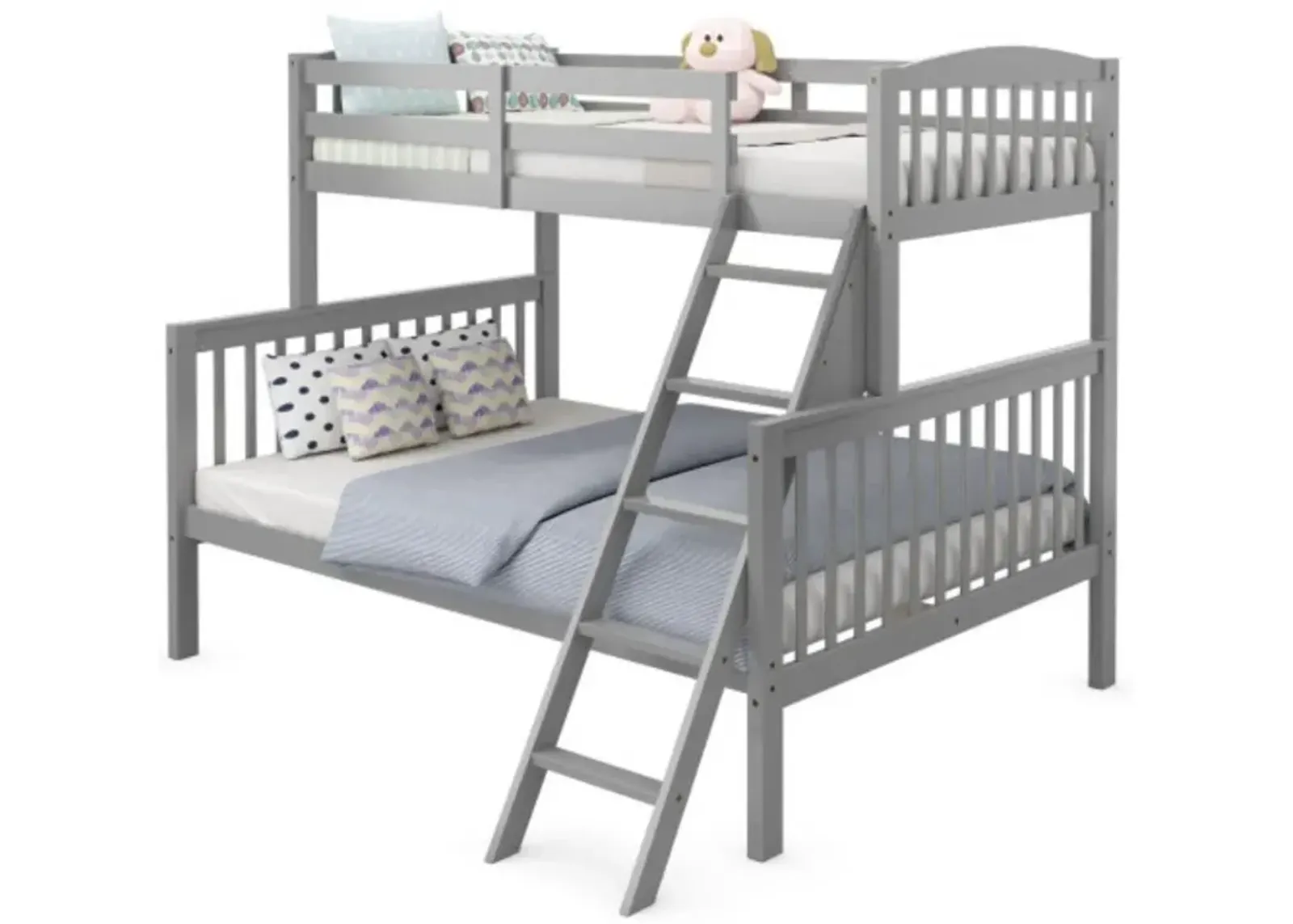 Twin over Full Bunk Bed Rubber Wood Convertible with Ladder Guardrail