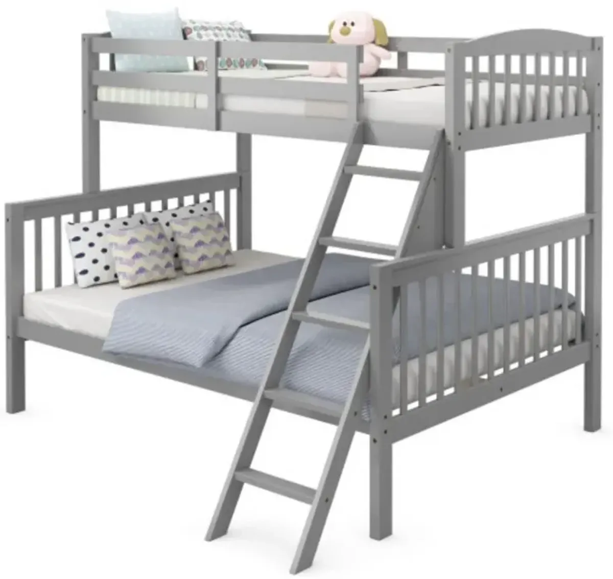 Twin over Full Bunk Bed Rubber Wood Convertible with Ladder Guardrail