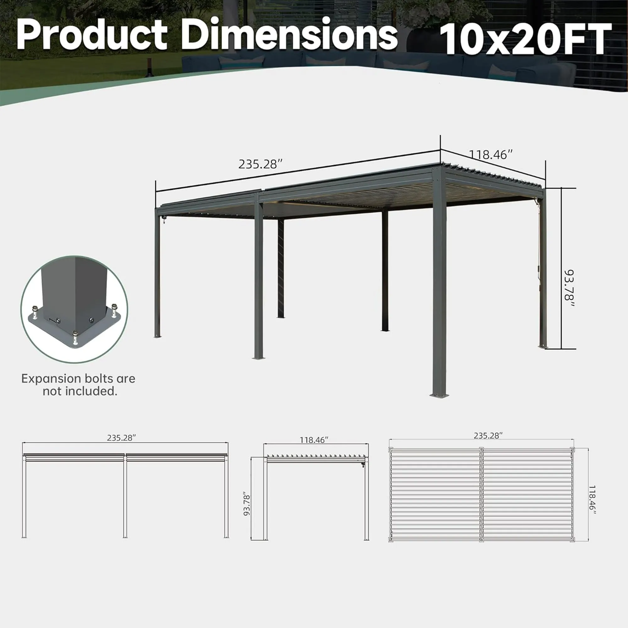 MONDAWE Outdoor Louvered Pergola 10X20FT, Aluminum Pergola with Adjustable Roof and
Efficient Drainage System