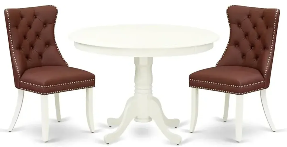 East West Furniture HLDA3-LWH-26 3 Piece Dining Room Furniture Set Includes a Round Kitchen Table with Pedestal and 2 Upholstered Parson Chairs, Small, Linen White