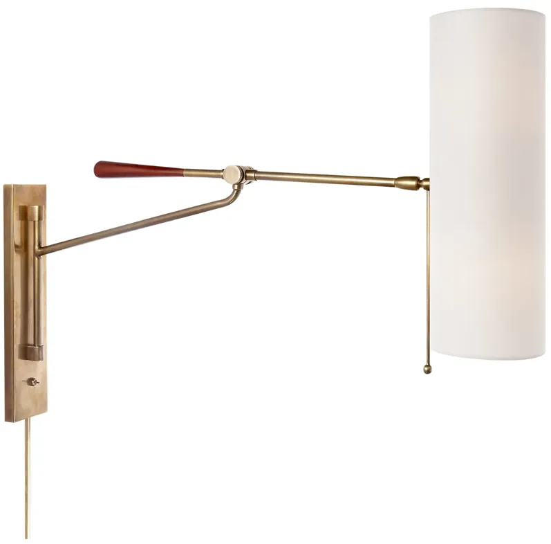 Frankfort Articulating Wall Light in Hand-Rubbed Antique Brass and Mahogany Accents with Linen Shade