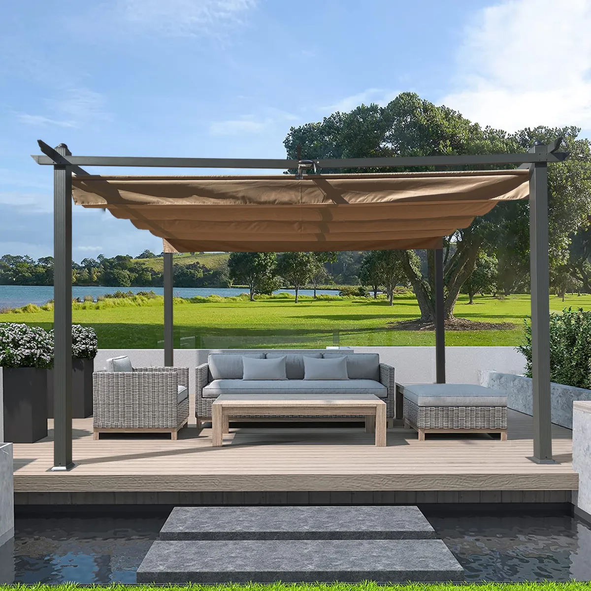 13 x 10FT Outdoor Patio Retractable Pergola With Canopy Sun shelter Pergola for Gardens, Terraces, Backyard