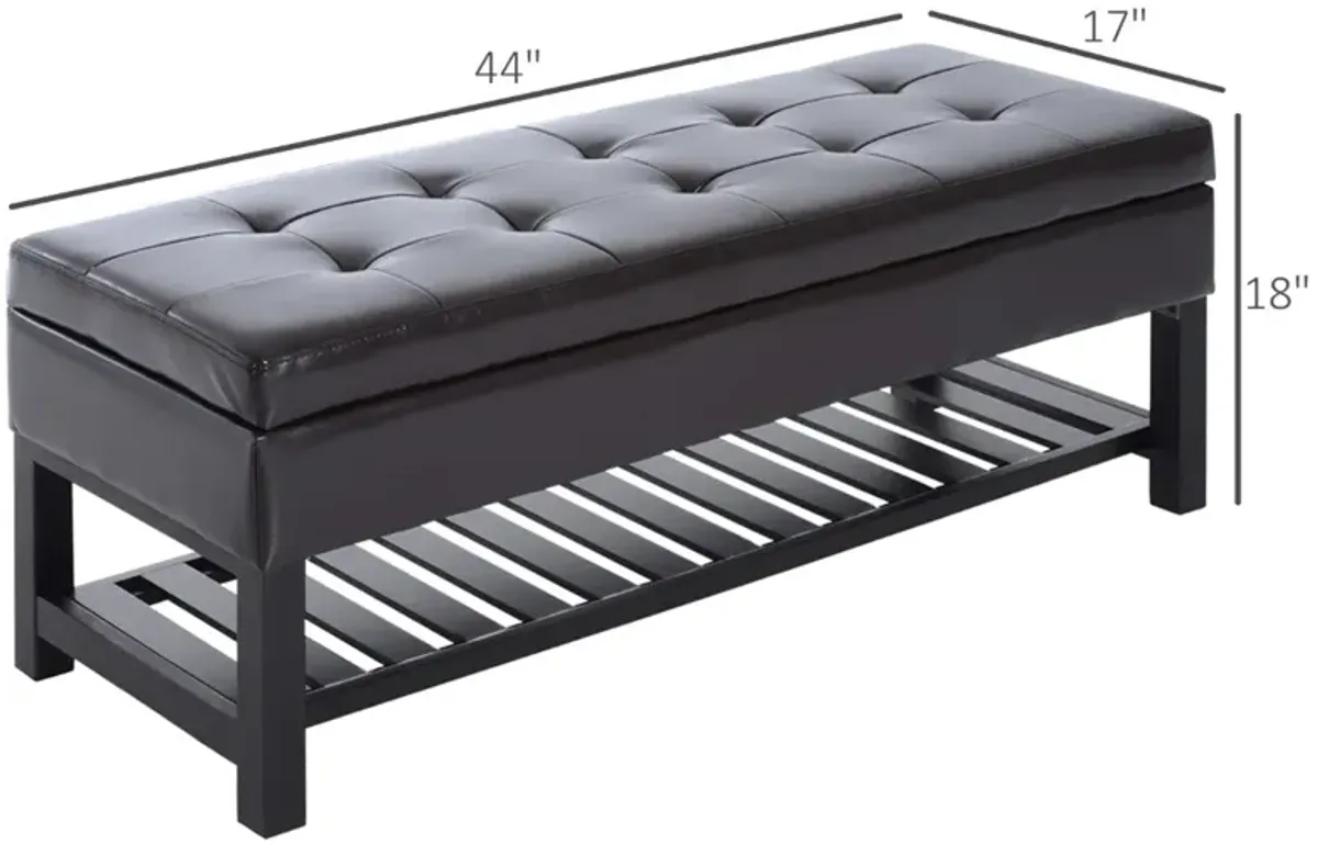 Multifunctional Dark Seat: 44" Tufted Faux Leather Ottoman with Shoe Storage