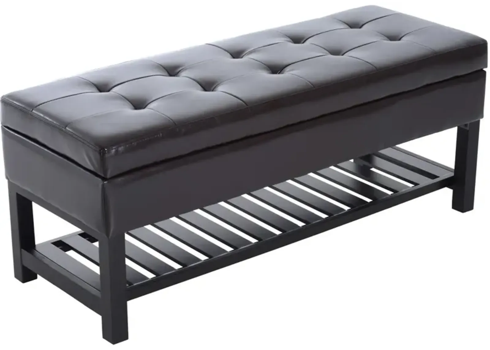 Multifunctional Dark Seat: 44" Tufted Faux Leather Ottoman with Shoe Storage