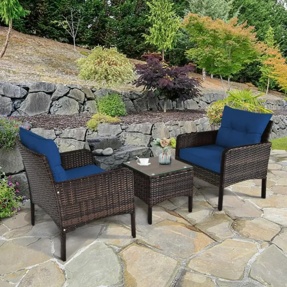 Hivvago 3 Pieces Outdoor Patio Rattan Conversation Set with Seat Cushions