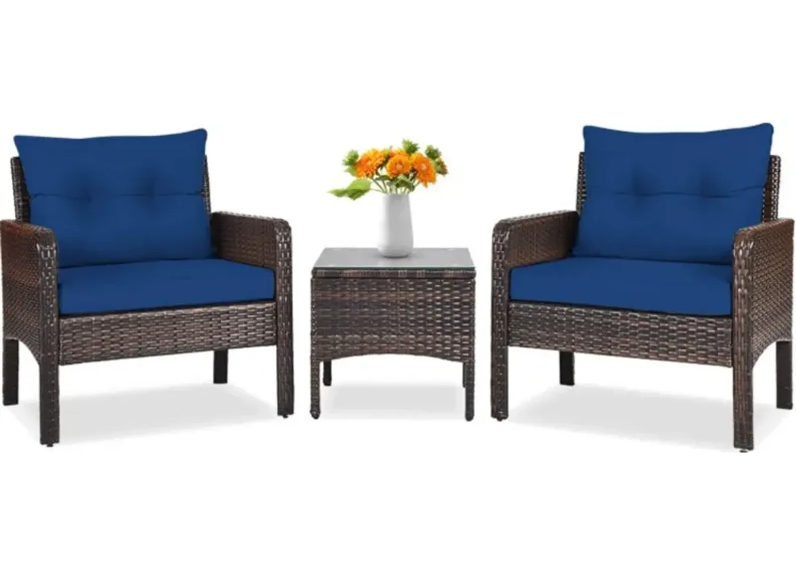 Hivvago 3 Pieces Outdoor Patio Rattan Conversation Set with Seat Cushions