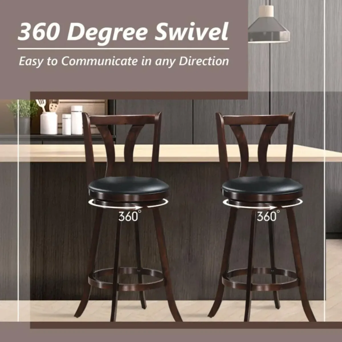 Hivvago 24/29.5 Inch Set of 2 Swivel Bar Stools Bar Height Chairs with Rubber Wood Legs