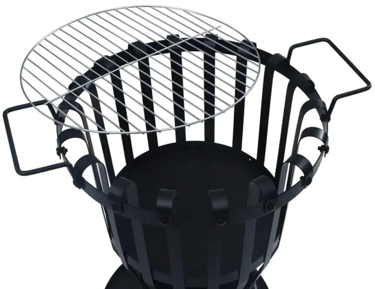 vidaXL Powder-Coated Steel Garden Fire Pit with Cook Grill - Portable BBQ Fire Basket with Stable Base - Ideal for Garden, Backyard, Outdoor and Patio - Black, 19"