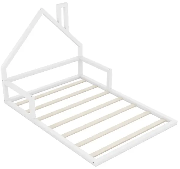 Whisen Modern Design Full Size Wood Floor Bed with House-shaped Headboard - White