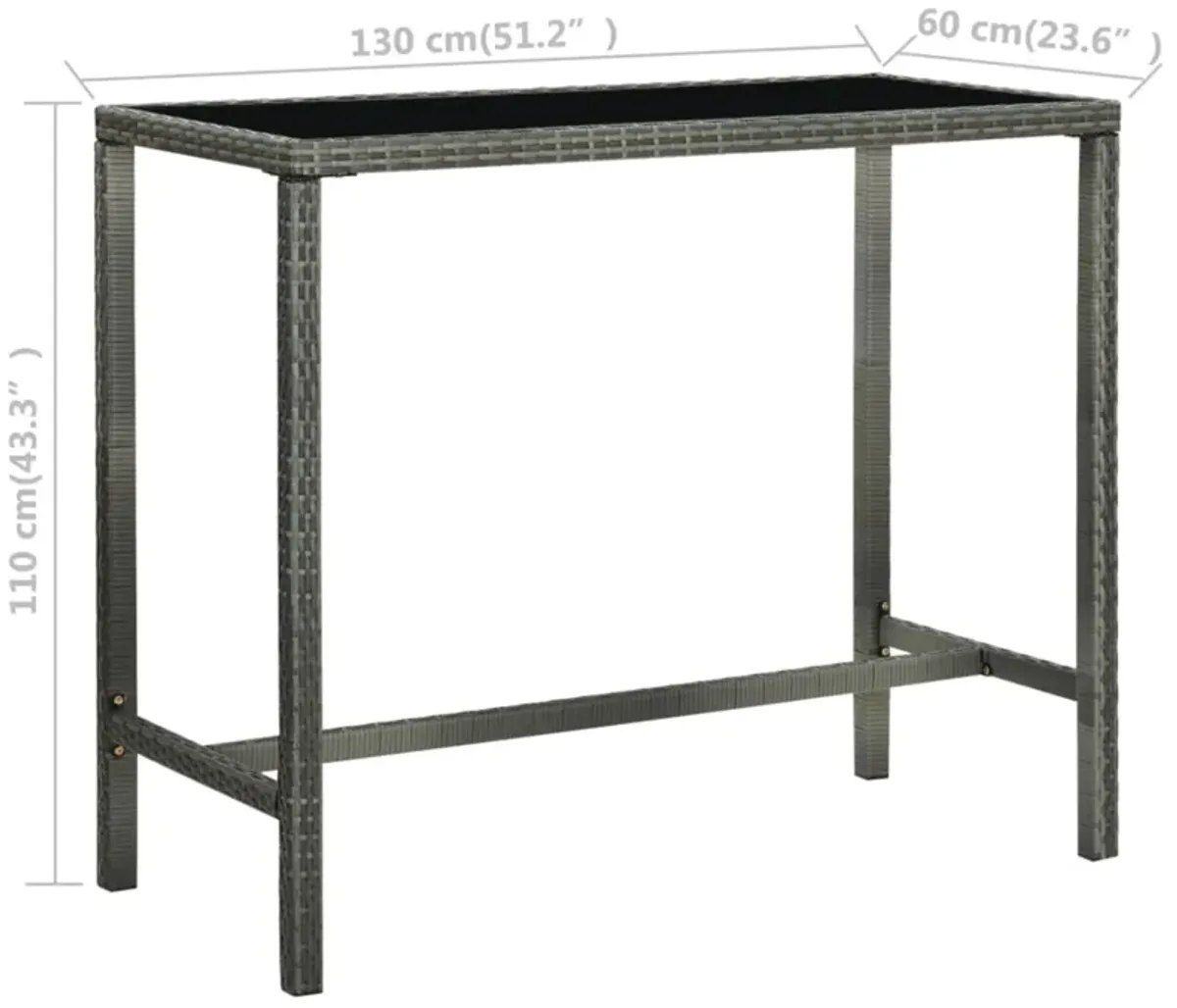 vidaXL Garden Bar Table Gray 51.2"x23.6"x43.3" Poly Rattan and Glass