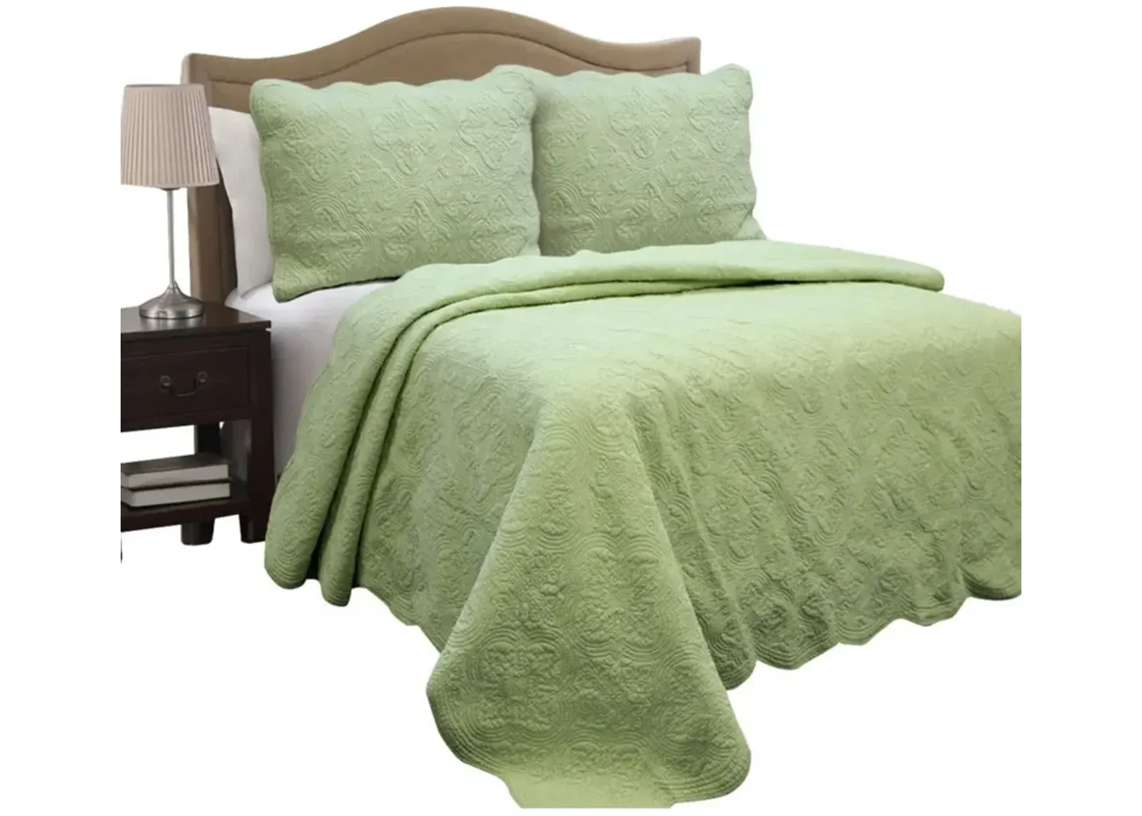 Hivvago Full Queen Green Cotton Quilt Bedspread with Scalloped Borders