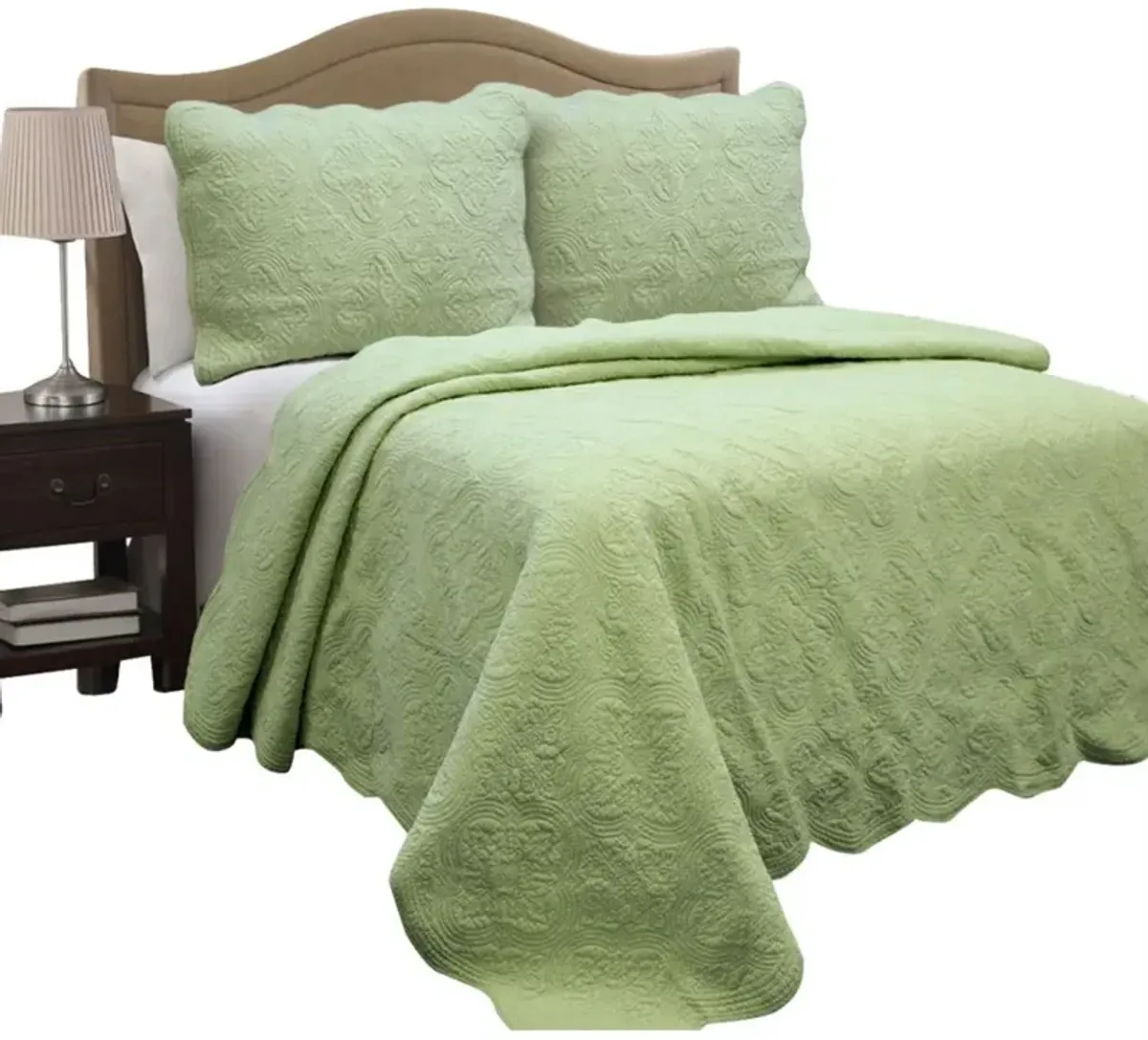 QuikFurn Full Queen Green Cotton Quilt Bedspread with Scalloped Borders