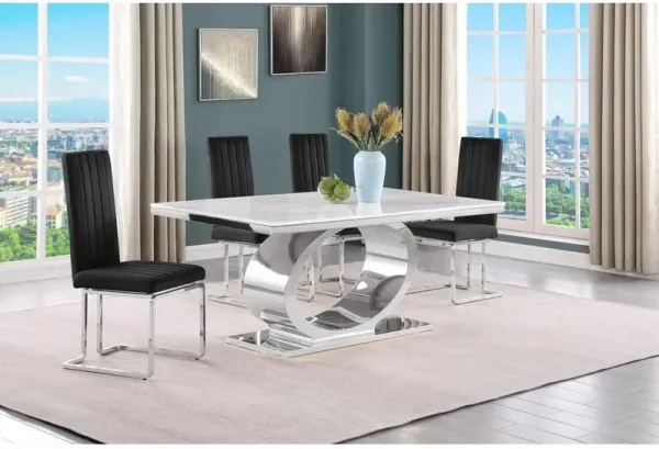5pc Small(68") marble top dining set with silver base and 4 Black side chairs