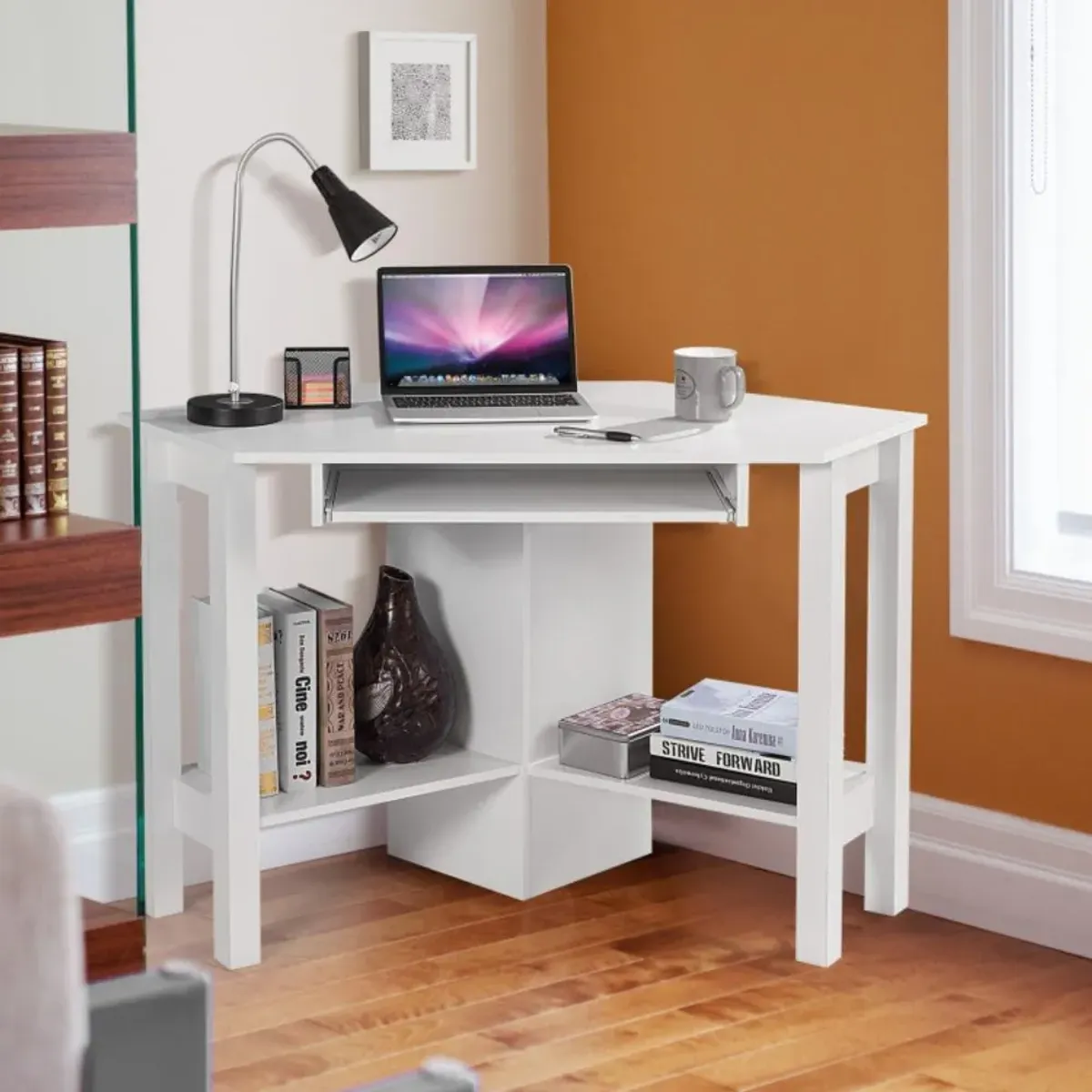 Hivvago Wooden Study Computer Corner Desk with Keyboard Tray