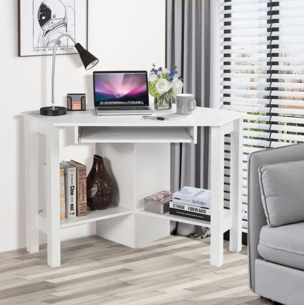 Hivvago Wooden Study Computer Corner Desk with Keyboard Tray