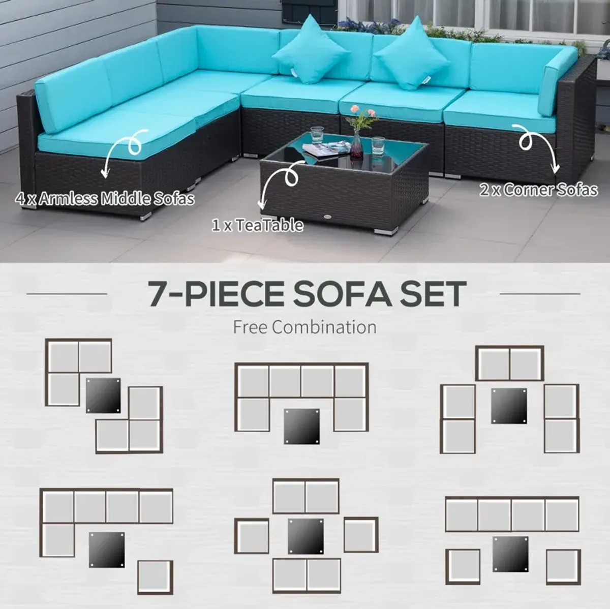 Turquoise Terrace Set: 7-Piece Wicker Patio Set with Glass Table