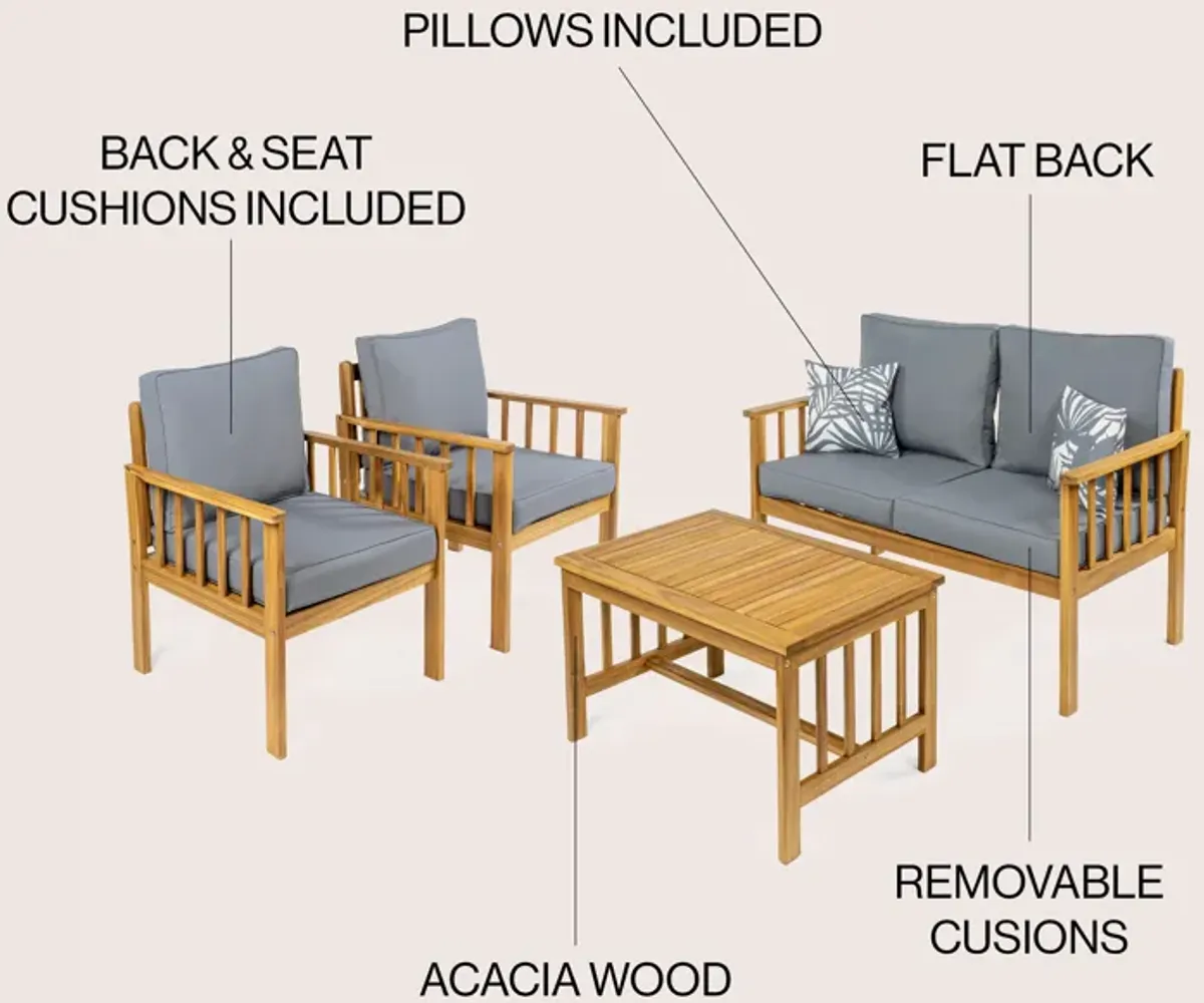 Everly 4-Piece Modern Cottage Acacia Wood Outdoor Patio Set with Cushions and Tropical Decorative Pillows