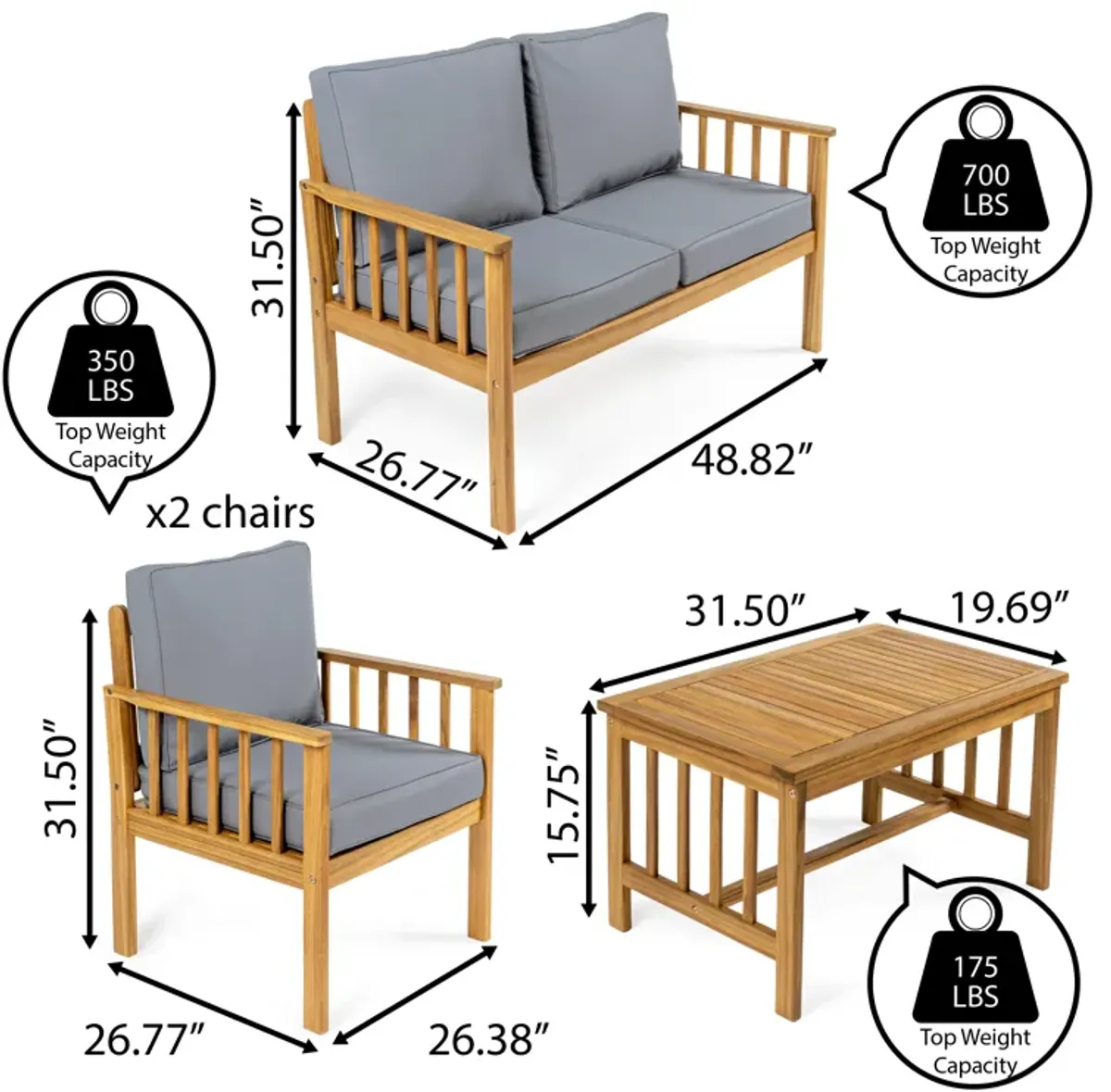 Everly 4-Piece Modern Cottage Acacia Wood Outdoor Patio Set with Cushions and Tropical Decorative Pillows