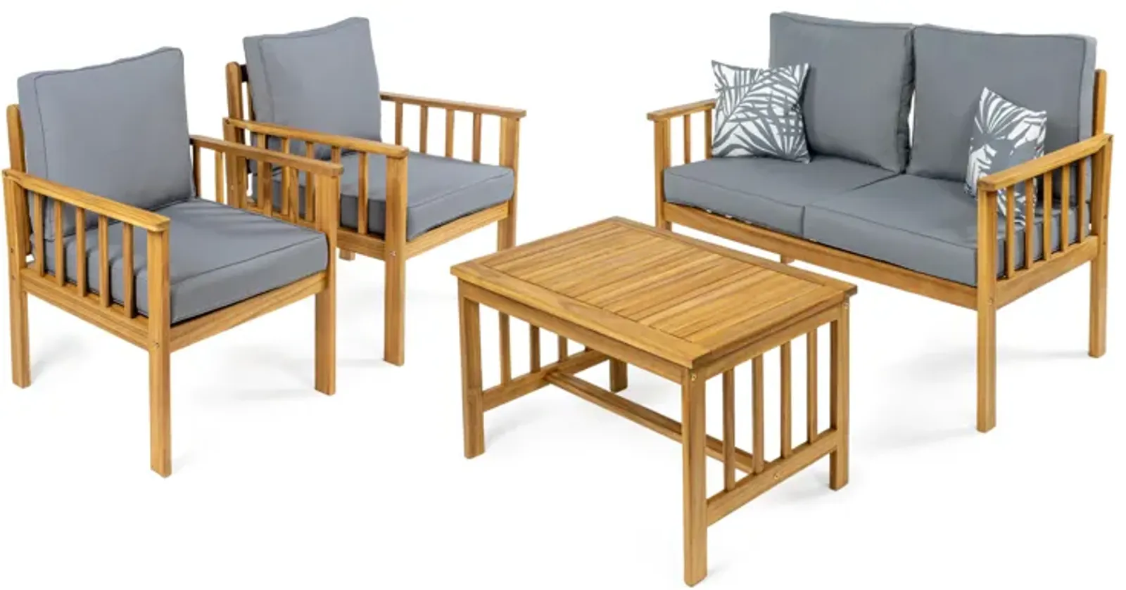 Everly 4-Piece Modern Cottage Acacia Wood Outdoor Patio Set with Cushions and Tropical Decorative Pillows