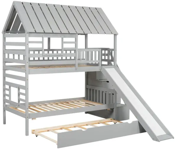 Whisen Twin over Twin House Bunk Bed with Trundle and Slide, Storage Staircase, Roof and Window Design - Gray