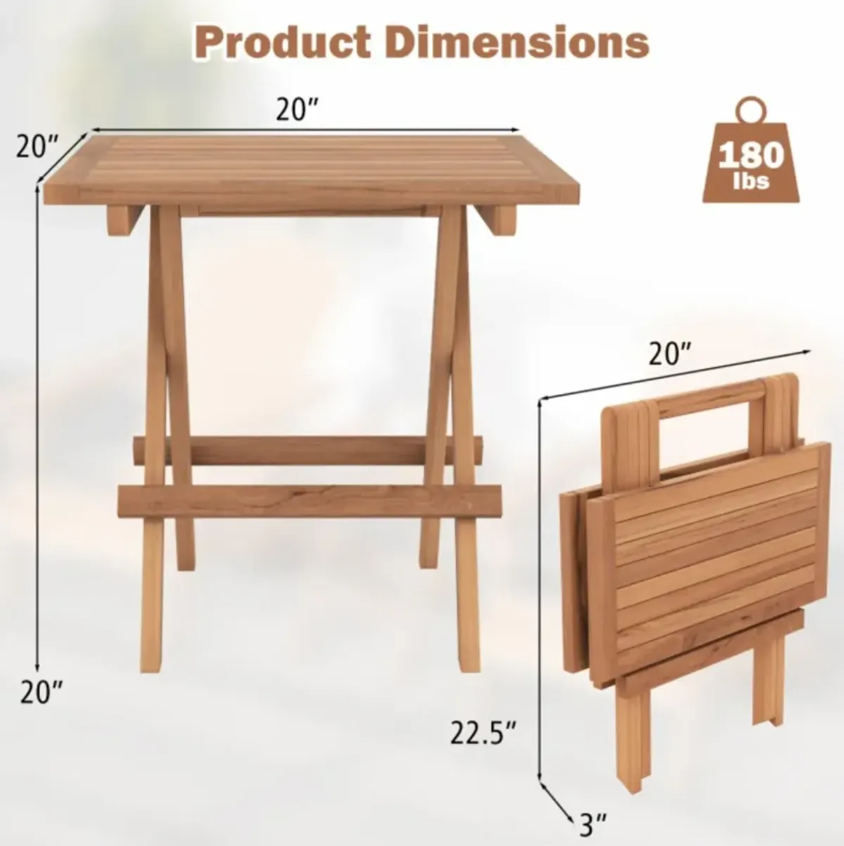 Hivvago Square Patio Folding Table Teak Wood with Slatted Tabletop Portable for Picnic