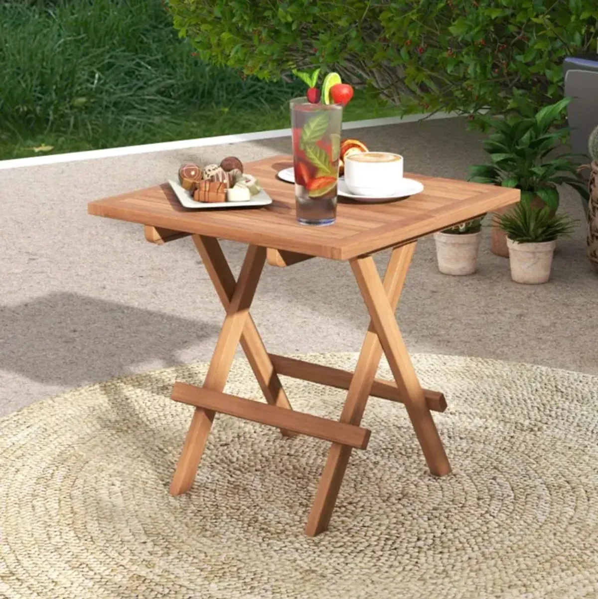 Hivvago Square Patio Folding Table Teak Wood with Slatted Tabletop Portable for Picnic