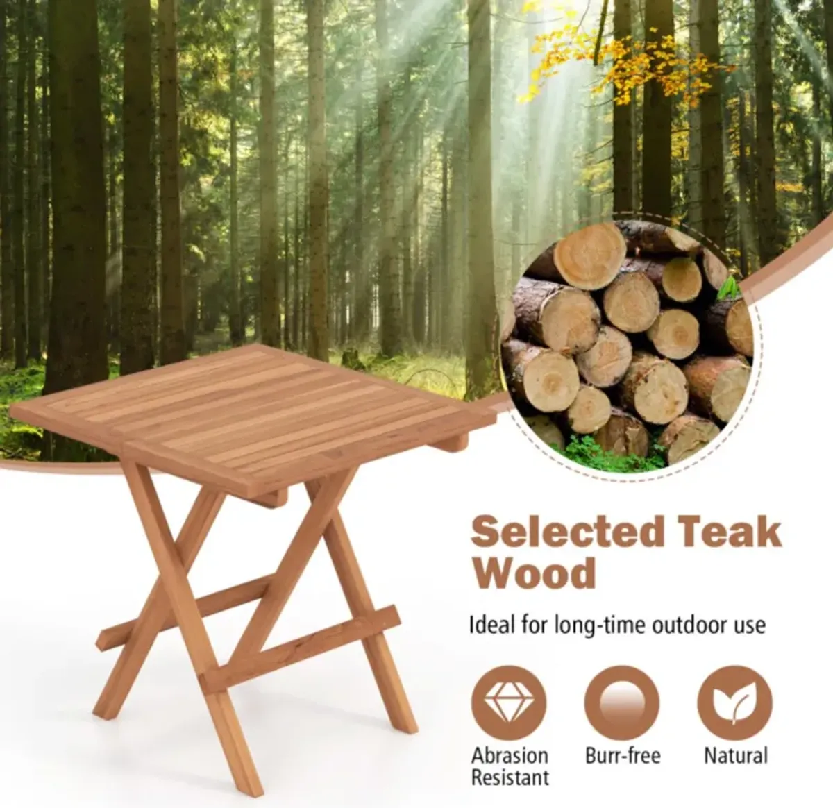 Hivvago Square Patio Folding Table Teak Wood with Slatted Tabletop Portable for Picnic