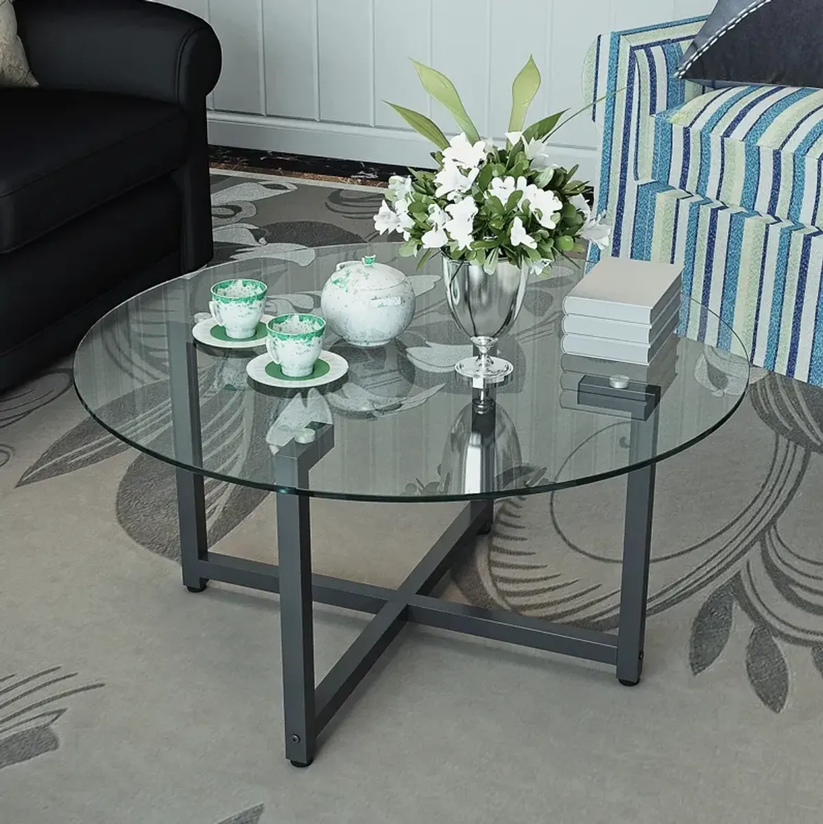 Round Transparent Glass+ Leg Coffee Table, Clear Coffee Table, Modern Side Center Tables