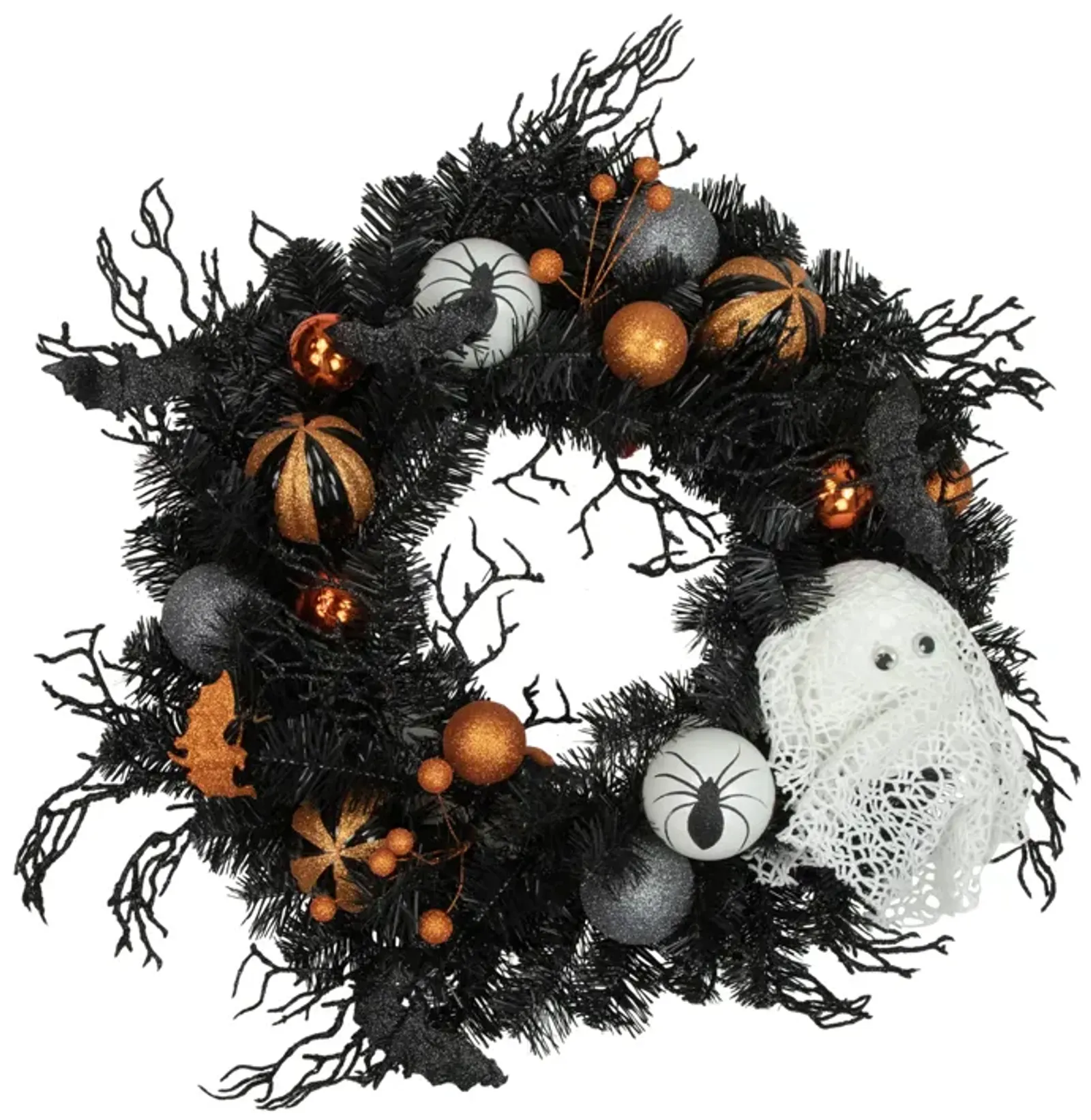 Orange Ornaments and Ghost Halloween Pine Wreath  24-Inch  Unlit