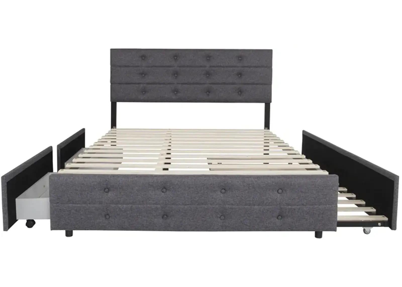 Queen Size Upholstered Linen Fabric Trundle Bed With Drawers Grey