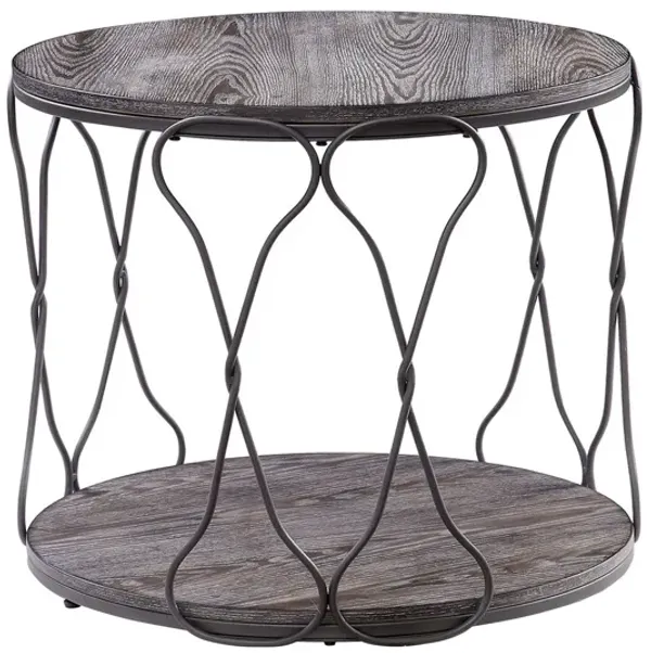 Round Industrial Style Metal and Solid Wood End Table with Open Bottom Shelf, Gray and Brown-Benzara