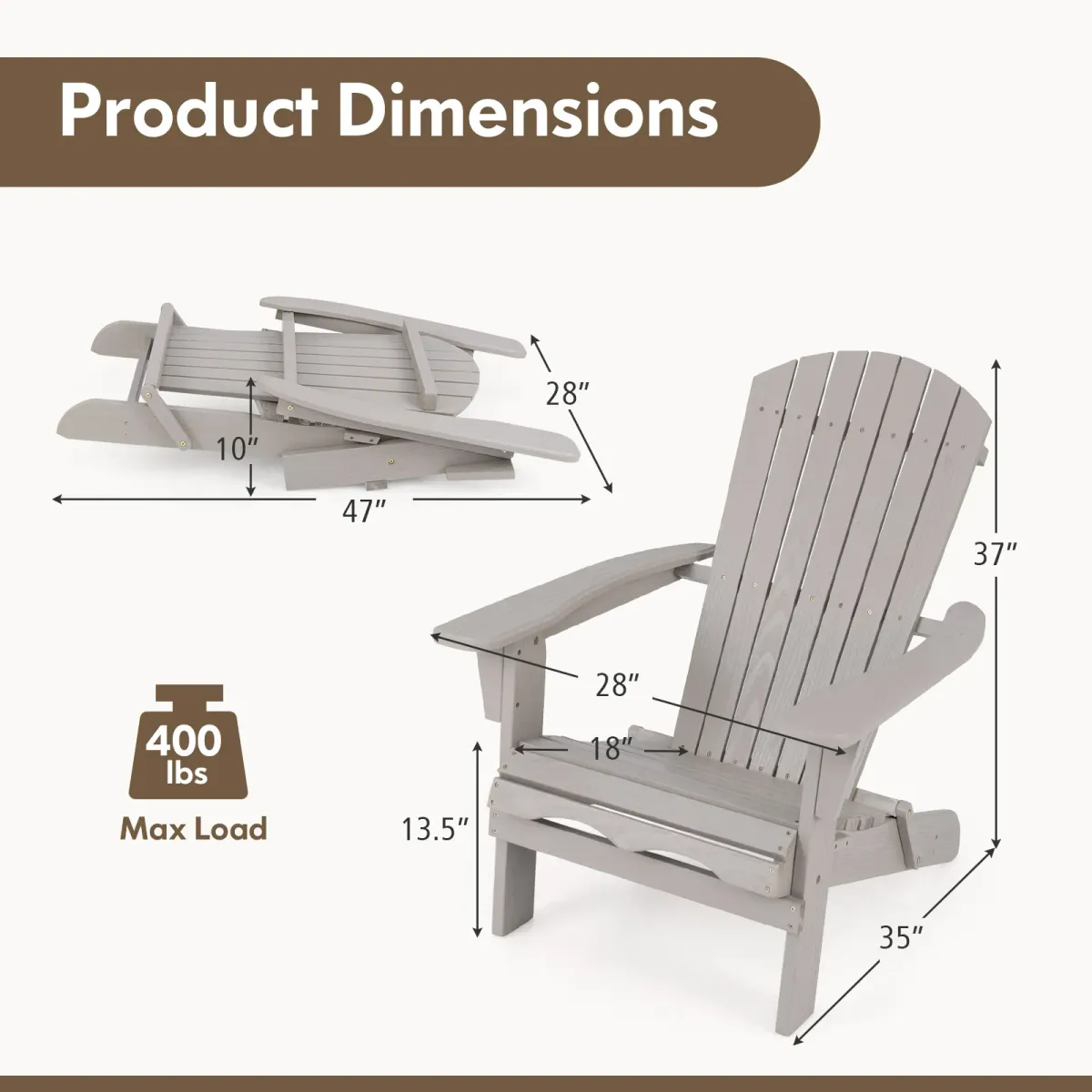 1 Piece Folding Adirondack Chair with High Backrest and Wide Armrests