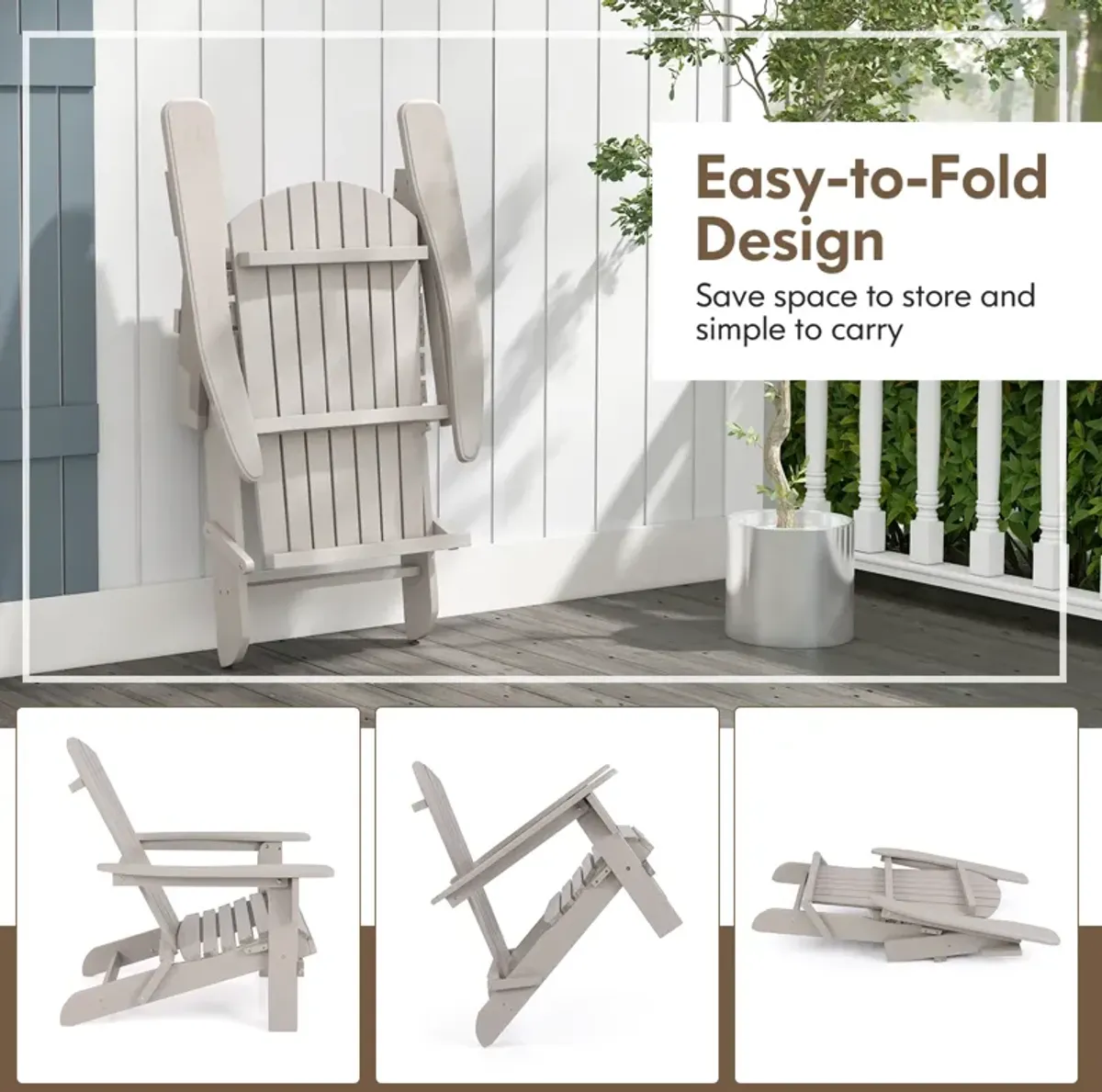 1 Piece Folding Adirondack Chair with High Backrest and Wide Armrests