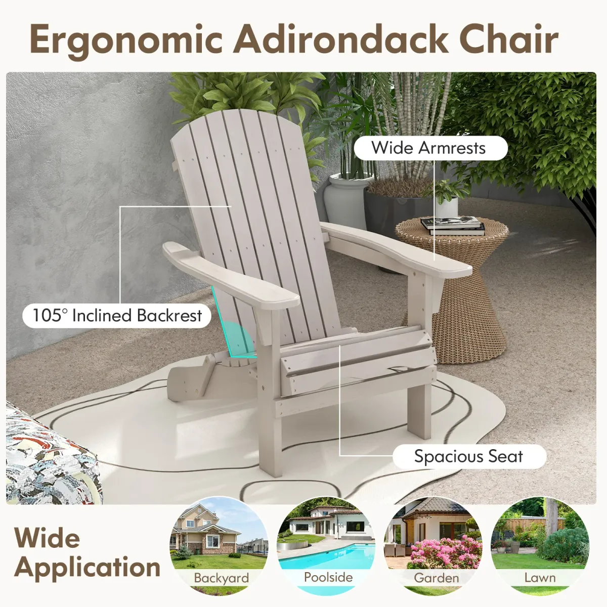 1 Piece Folding Adirondack Chair with High Backrest and Wide Armrests