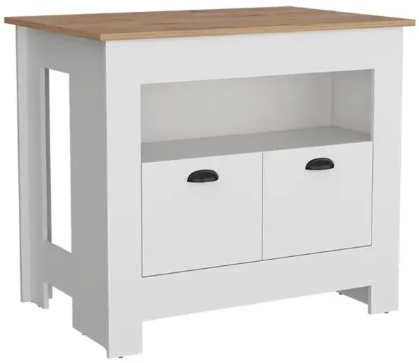 Floyd 35" H Kitchen Island, whit 2 doors, 3 shelves, White/Macadamia
