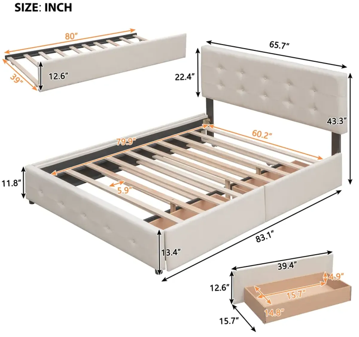 Merax Upholstered Platform Bed with 2 Drawers and 1 Twin XL Trundle