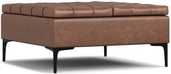 Laura 36 inch Wide Mid Century Square Mid Century Lift Top Storage Ottoman in Distressed Saddle Brown  Vegan Faux Leather, Assembled