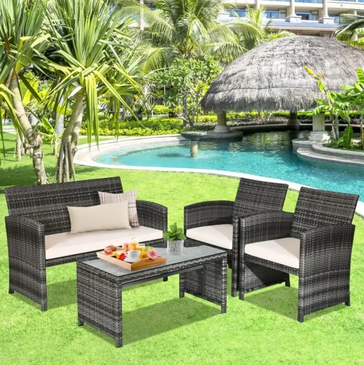 Hivvago 4 Pieces Patio Rattan Furniture Set with Glass Table and Loveseat