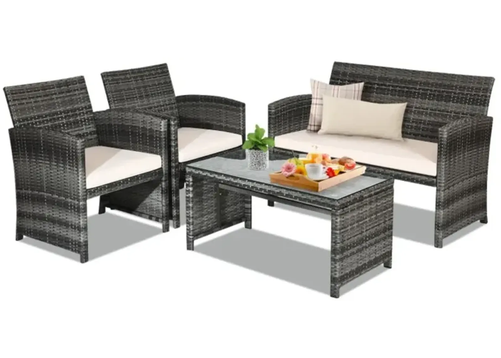 Hivvago 4 Pieces Patio Rattan Furniture Set with Glass Table and Loveseat