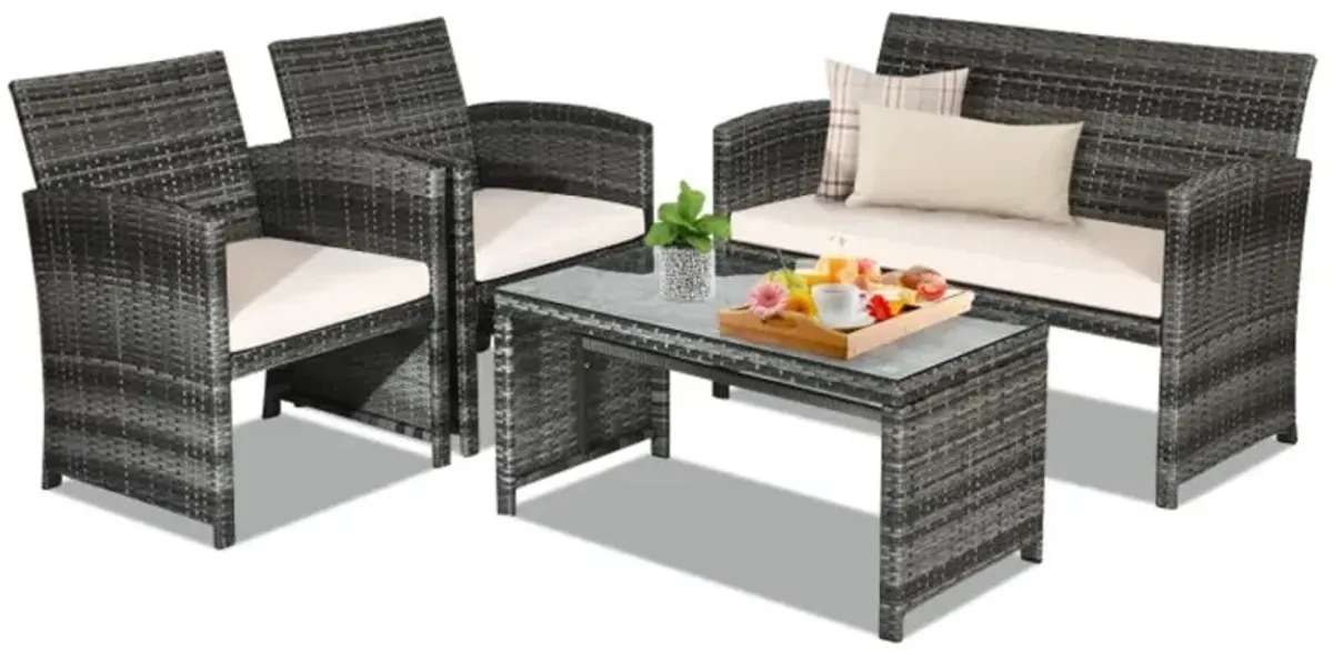 Hivvago 4 Pieces Patio Rattan Furniture Set with Glass Table and Loveseat