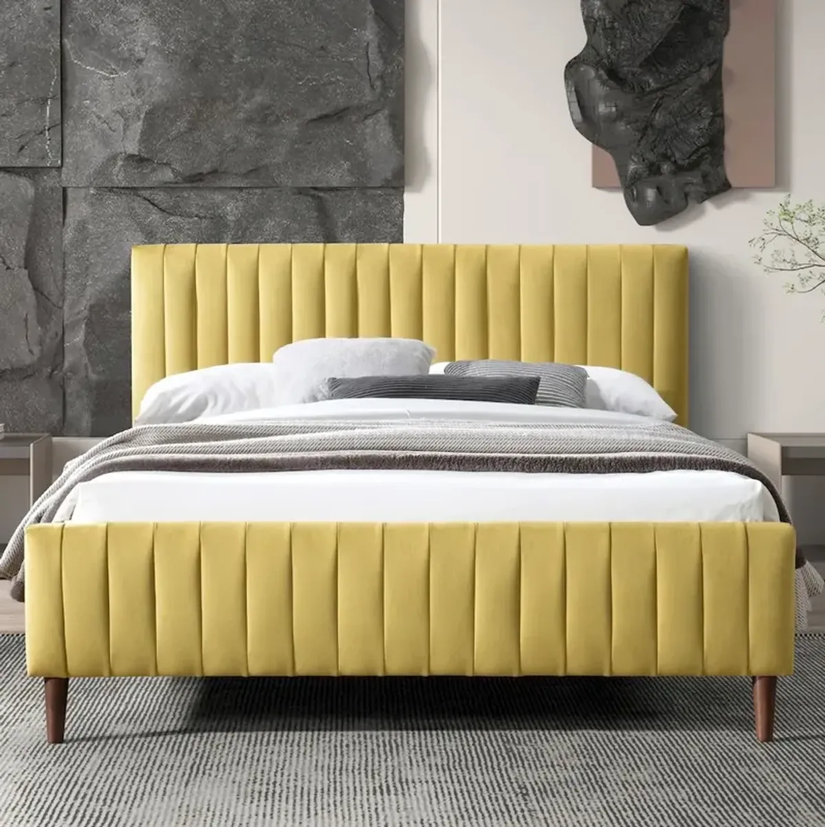 Omax Decor Spencer Wood/Fabric Upholstered Queen Platform Bed in Gold Velvet